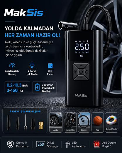 MakSis Akıllı Kablosuz Lastik Şişirme Pompası – Dijital Göstergeli Mini Hava Kompresörü