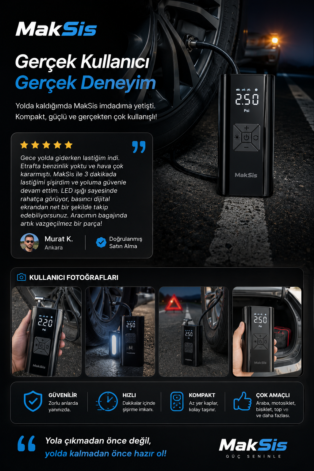 MakSis Akıllı Kablosuz Lastik Şişirme Pompası – Dijital Göstergeli Mini Hava Kompresörü