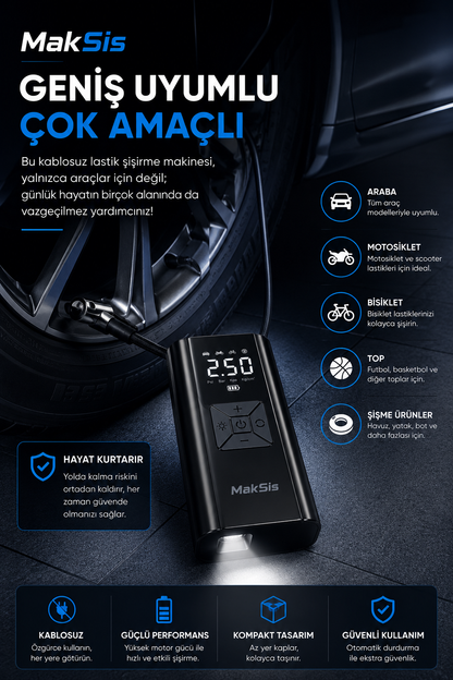 MakSis Akıllı Kablosuz Lastik Şişirme Pompası – Dijital Göstergeli Mini Hava Kompresörü